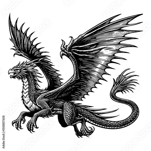 Dragon engraving black and white outline. Scratch board imitation.  illustrated in vintage line art style on a white background.