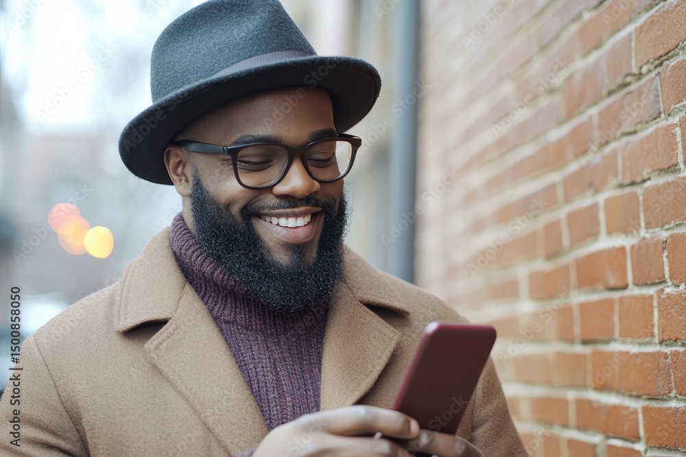 On Cell Phone Smiling. Happy Black Man Using Smartphone and Texting While Walking On Cell Phone Smiling. Happy Black Man Using Smartphone and Texting While Walking