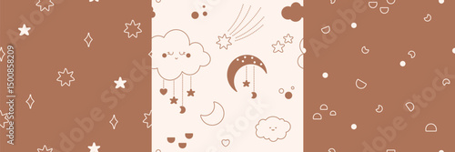 A set of four minimalistic children's patterns.. The repeated images contains colored elements, twigs, raindrops, rainbows and different shapes.