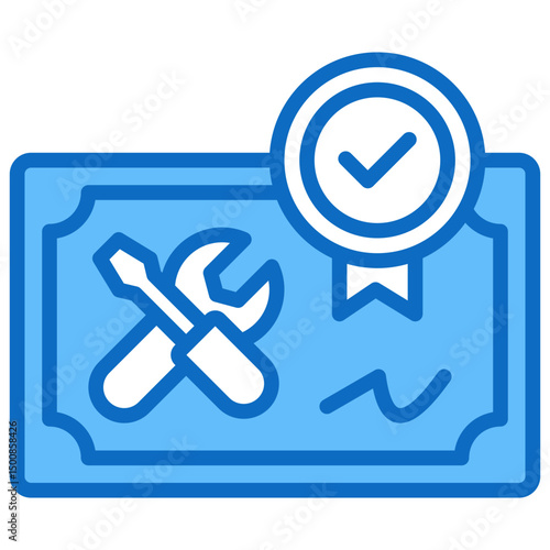 Certified Skills - Blue Fill Outline Icon - Certificate with tools and checkmark ribbon, symbolizing verified technical or vocational skills