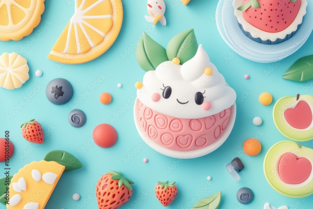 Postre de Frutas de Estilo Kawaii con Fondo Azul Postre de Frutas de Estilo Kawaii con Fondo Azul