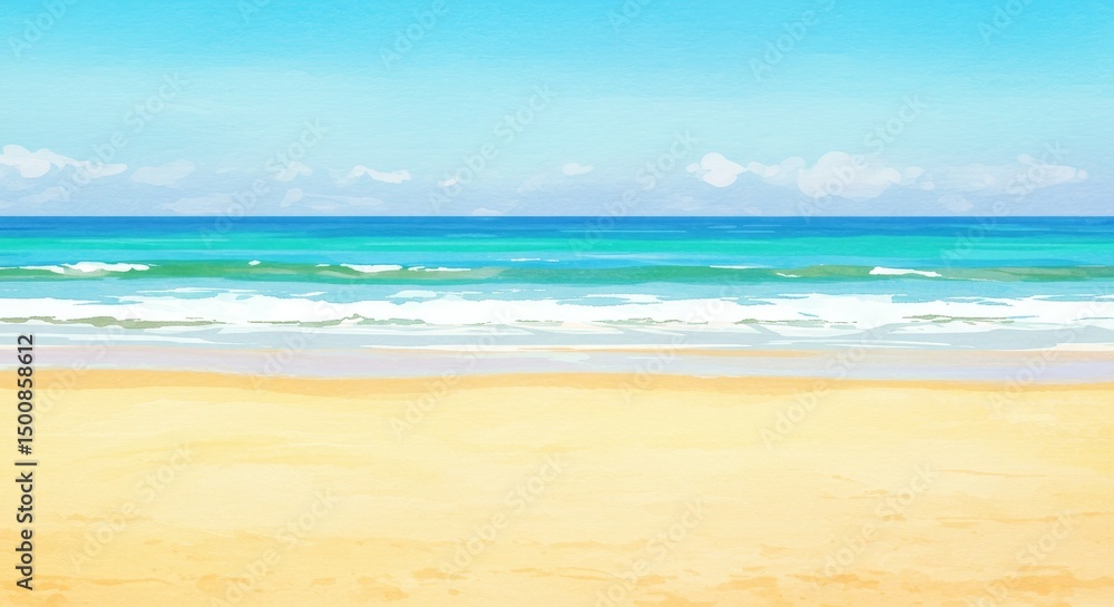 Watercolor Illustration Of Sandy Beach Sea And Blue Sky On A Sunny Day Watercolor Illustration Of Sandy Beach Sea And Blue Sky On A Sunny Day