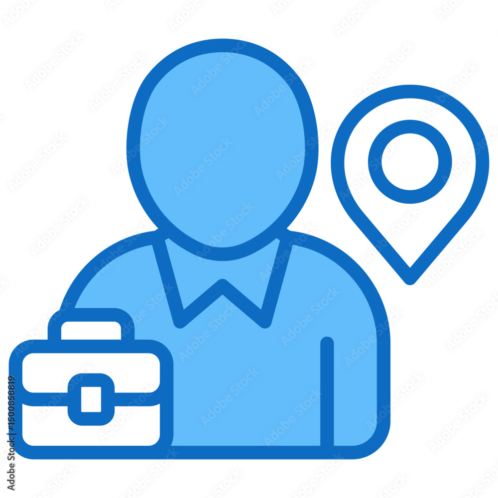 Career Location - Blue Fill Outline Icon - Person with briefcase and location pin, symbolizing career placement, job site, or work destination Career Location - Blue Fill Outline Icon - Person with briefcase and location pin, symbolizing career placement, job site, or work destination