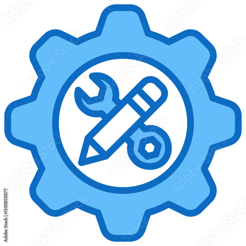 Career Skills - Blue Fill Outline Icon - Gear symbol with tools and pencil, representing hands-on career skills and technical training