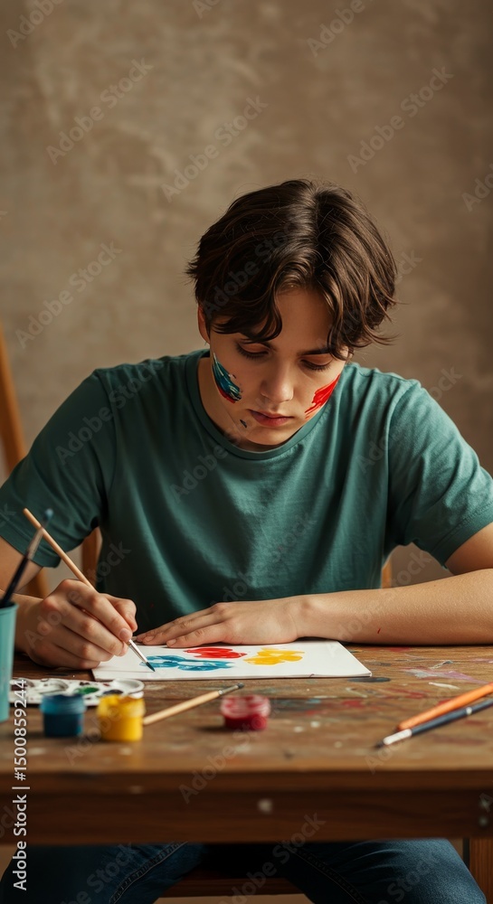 Fototapeta premium Young Painter Focused On Artwork With Brush And Colors In Studio Photo