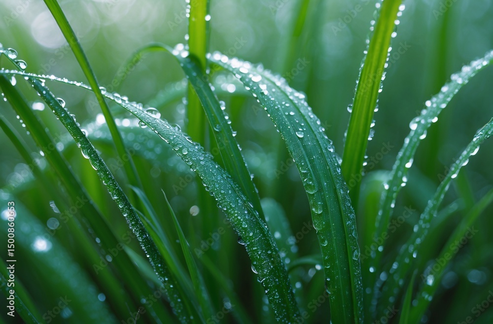 close-up of green grass blades covered in morning dew drops close-up of green grass blades covered in morning dew drops