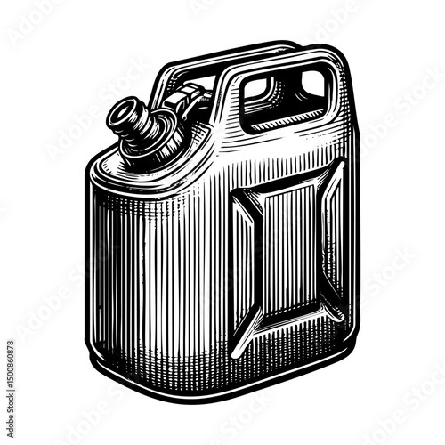 Gas can sketch engraving black and white outline. Scratch board imitation.