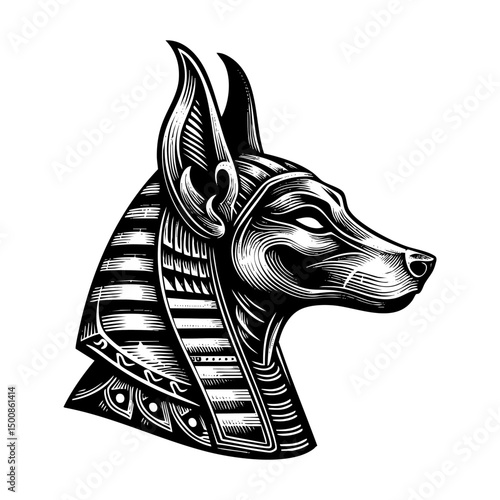 Anubis sketch engraving black and white outline. Scratch board imitation.  illustrated in vintage line art style on a white background.