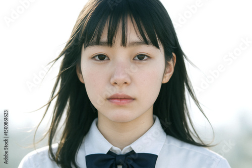 日本人の女子中学生の正面ポートレート、制服姿で内省的な表情の若い女性