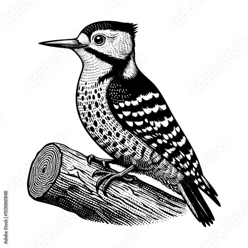 Woodpecker sketch engraving black and white outline. Scratch board imitation.  illustrated in vintage line art style on a white background.