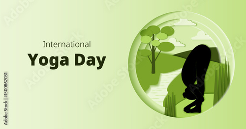 International Yoga Day. Horizontal template. Padangushthasana pose. Big Toe pose. Paper cut design. Isolated vector illustration.
