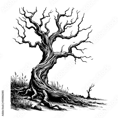 Deciduous tree without leaf sketch engraving black and white outline. Scratch board imitation.  illustrated in vintage line art style on a white background.