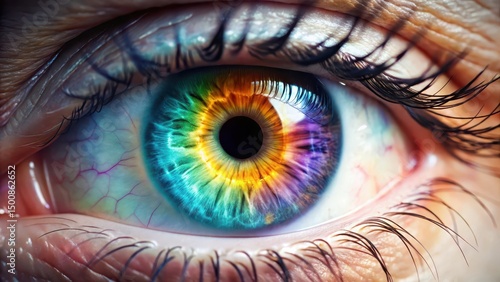 Close-up view of a vibrant, colorful human eye exhibiting an array of iridescent hues and intricate details within the iris and surrounding structures.