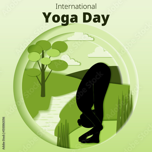 International Yoga Day. Square template. Padangushthasana pose. Big Toe pose. Paper cut design. Isolated vector illustration
