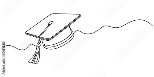 Continuous one line art drawing of graduation hat design vector illustration, Graduation cap and diploma continuous one line drawing. hand drawn line art vector illustration of graduation hat, minimal