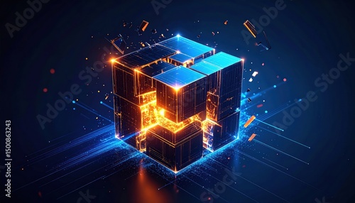 Glowing cube abstract; fragmented design with light streaks, against a dark blue background