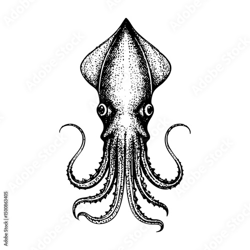 Squid sketch engraving black and white outline. Scratch board imitation.  illustrated in vintage line art style on a white background.