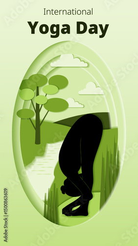 International Yoga Day. Vertical template. Padangushthasana pose. Big Toe pose. Paper cut design. Isolated vector illustration