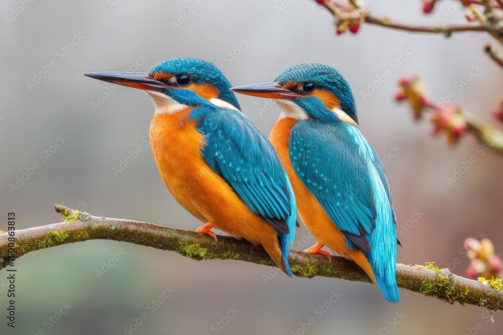 Two kingfishers perched on a mossy branch, vibrant blue and orange feathers, blurred background, soft lighting Two kingfishers perched on a mossy branch, vibrant blue and orange feathers, blurred background, soft lighting