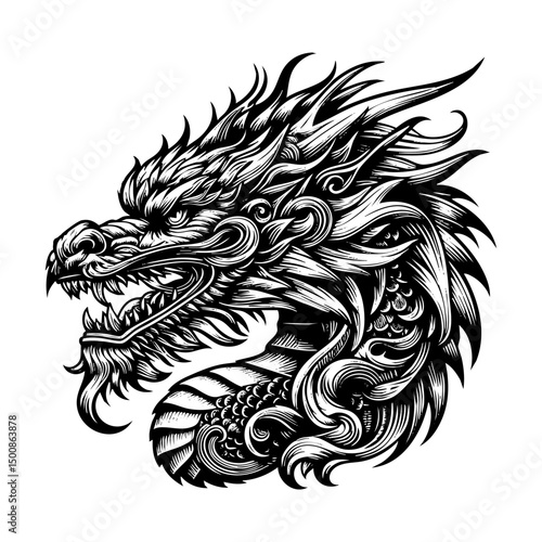 Dragon head engraving black and white outline. Scratch board imitation.  illustrated in vintage line art style on a white background.