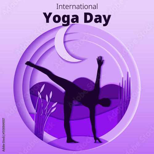 International Yoga Day. Square template. Ardha Chandrasana pose. Half Moon pose. Paper cut design. Isolated vector illustration