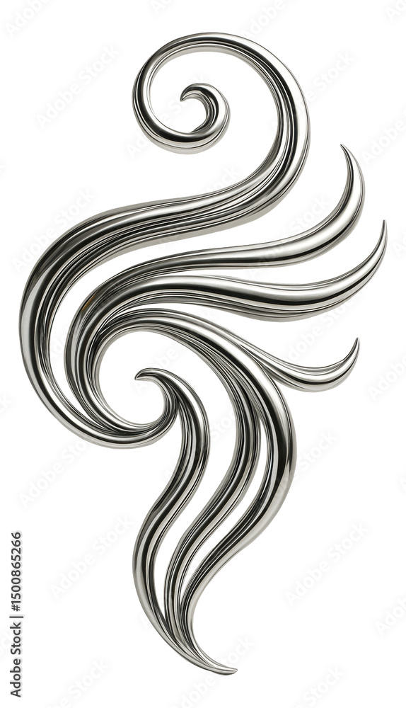 Fototapeta premium Elegant abstract silver metallic swirl with flowing curves and smooth reflective surfaces on transparent background.