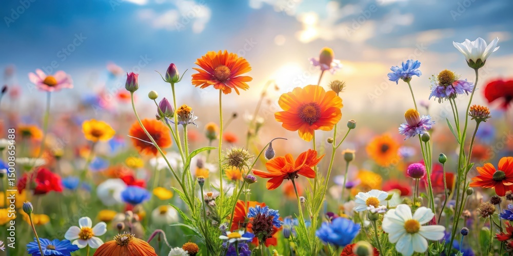 Obraz premium Vibrant Wildflower Meadow at Sunset A Stunning Display of Nature's Colorful Blooms in a Lush Field