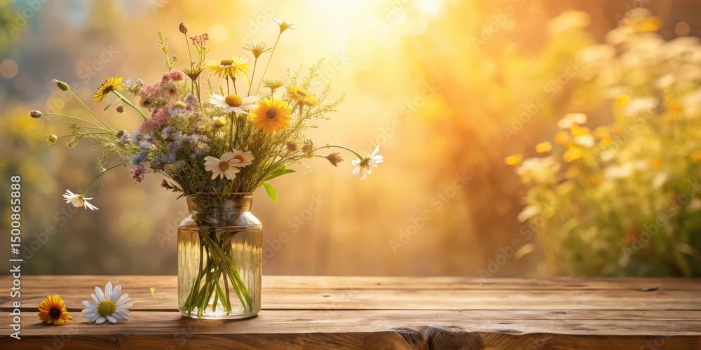 A rustic wooden table displays a charming glass vase filled with a vibrant bouquet of wildflowers, bathed in the warm glow of a sunlit outdoor setting. A rustic wooden table displays a charming glass vase filled with a vibrant bouquet of wildflowers, bathed in the warm glow of a sunlit outdoor setting.