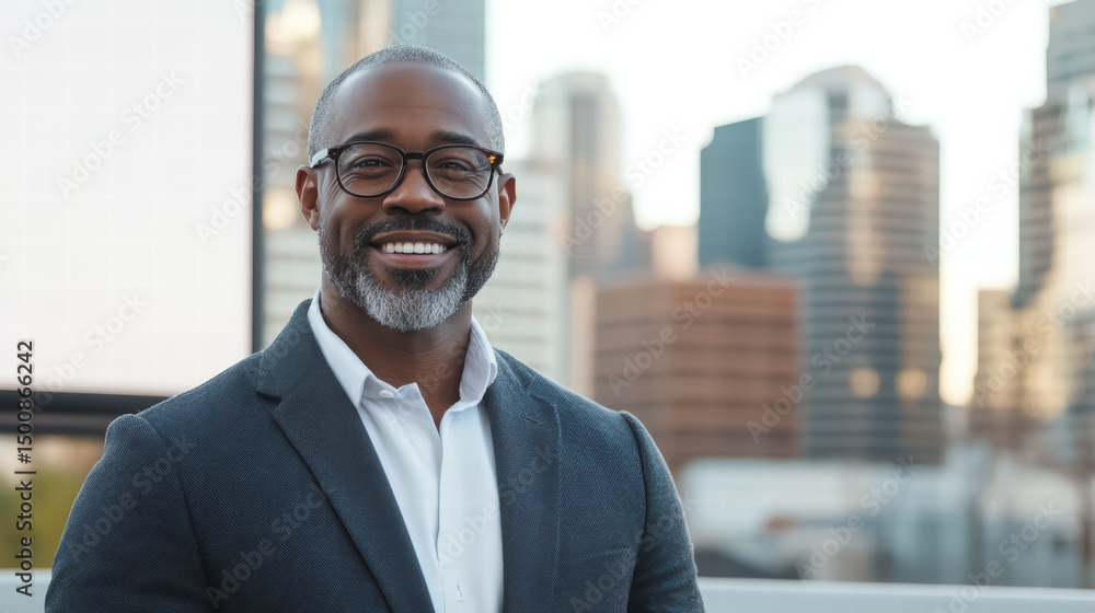Fototapeta premium Modern Executive's Portrait: A distinguished executive, exuding confidence and approachability, smiles against a backdrop of the vibrant cityscape. A visual testament to success and vision.