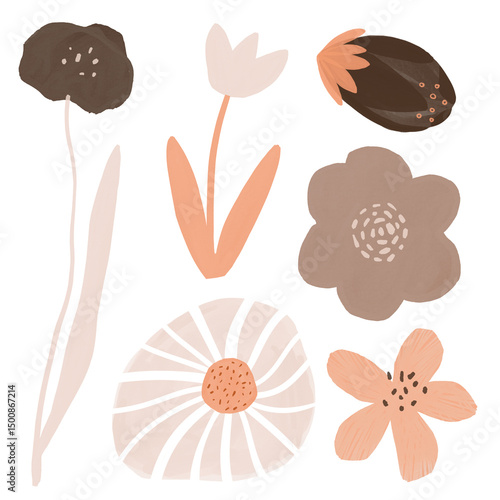 A minimalistic digital illustration of various flowers and leaves in earthy tones, featuring a large flower, smaller blossoms, and delicate foliage.
