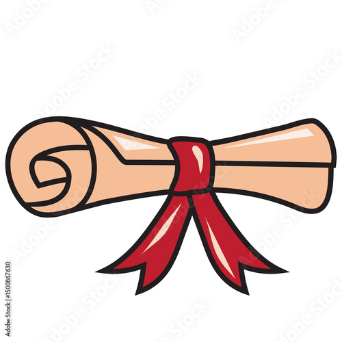 Graduation certificate rolled into a tube and tied with a ribbon vector cartoon illustration