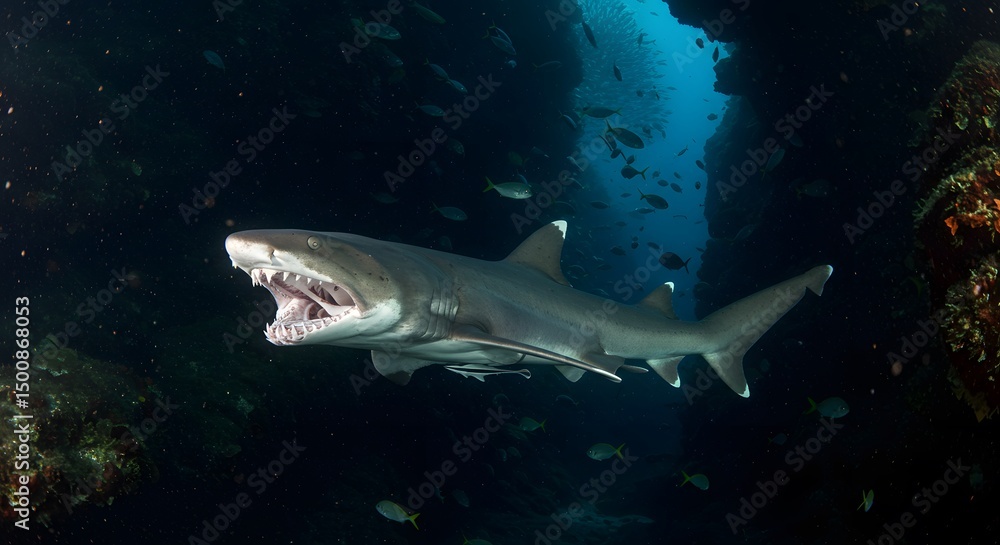 Naklejka premium Frilled shark Motion in the Deep Sea Midnight Zone.
