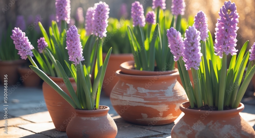 Blooming Hyacinths in Terracotta Pots. A Springtime Symphony of Color and Fragrance. Blooming Hyacinths in Terracotta Pots. A Springtime Symphony of Color and Fragrance.