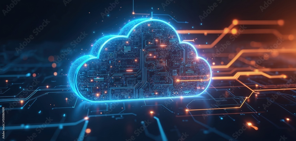 Cloud network concept illustration. Glowing cloud shape composed of circuit boards, lines, dots. Represents digital data storage, cybersecurity, network connectivity, global business communication, Cloud network concept illustration. Glowing cloud shape composed of circuit boards, lines, dots. Represents digital data storage, cybersecurity, network connectivity, global business communication,