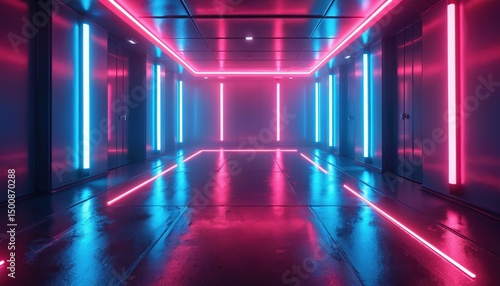 Fototapeta Naklejka Na Ścianę i Meble -  Futuristic room with neon lights. Vibrant pink and blue illumination on shiny floor creates atmosphere. Modern design, technology, space station style. Cyberpunk interior, digital artwork.
