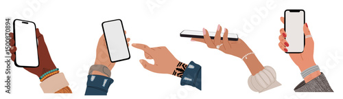 Set of diverse hands in modern stylish clothes and accessories holding smartphones with blank screens. Phone mockup for UI, app, or web design. Flat vector illustration on transparent background