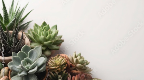 Minimalist succulents on a white background in top view, with a banner and copy space area for creating clean and impactful design materials.