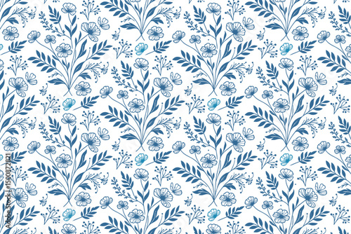 hand drawn blue cotton line floral artwork, seamless repeat textile design, surface print for clothing, packaging and home fabric

