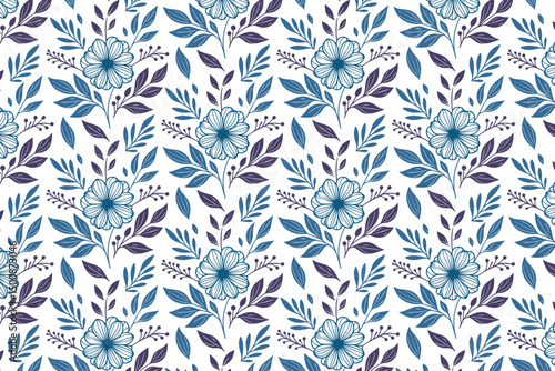 delicate blue flower seamless textile art, cotton floral line drawing pattern, surface design for fashion, home and tableware

