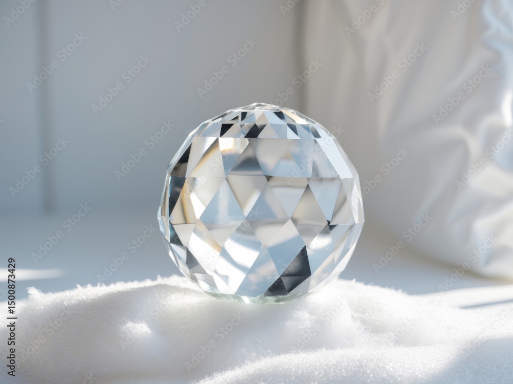 Fototapeta premium Crystal Ball on White Fluff, A Study in Light and Reflection, Closeup Perspective.