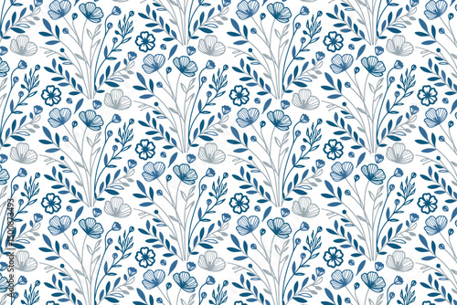 seamless blue flower textile illustration, cotton sketch line art design, repeat pattern for kitchen, tabletop and fashion fabric

