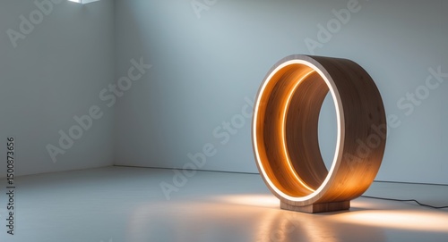 Modern Wooden Ring Lamp with Warm Light, Minimalist Design in a Bright White Room.