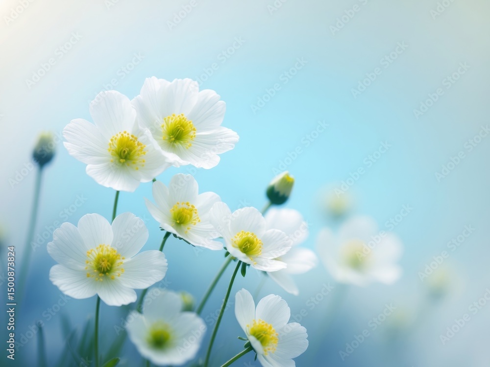 Delicate White Anemone Flowers on a Soft Blue Background A Gentle Floral Scene Delicate White Anemone Flowers on a Soft Blue Background A Gentle Floral Scene