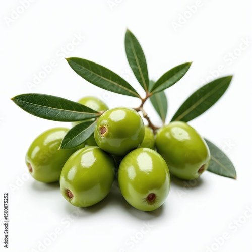 Wallpaper Mural Green olives with fresh leaves isolated on white background. Ripe olive fruits on olive branch. Healthy organic food, vegetarian ingredient, for olive oil production, harvesting time. Torontodigital.ca