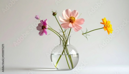 Cosmos flowers in a round glass vase, pink, magenta, and yellow blooms. Clear water fills the vessel