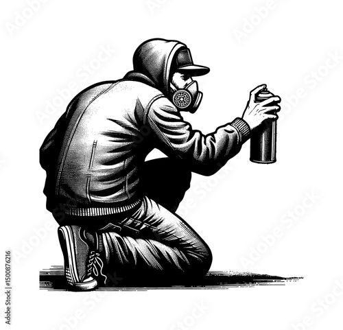 Man in mask squatting and spraying with aerosol can in black and white vector illustration engraving