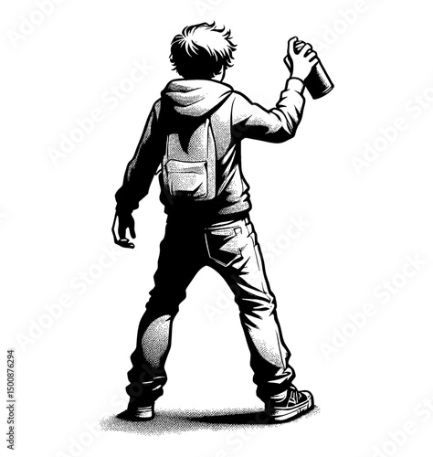 Man with spray can in black and white illustration style from behind artwork