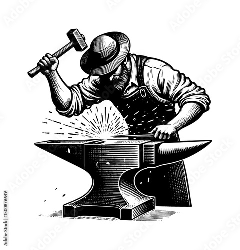 Bearded Blacksmith Hitting Metal on Anvil with Hammer in Detailed Engraving Style Black and White