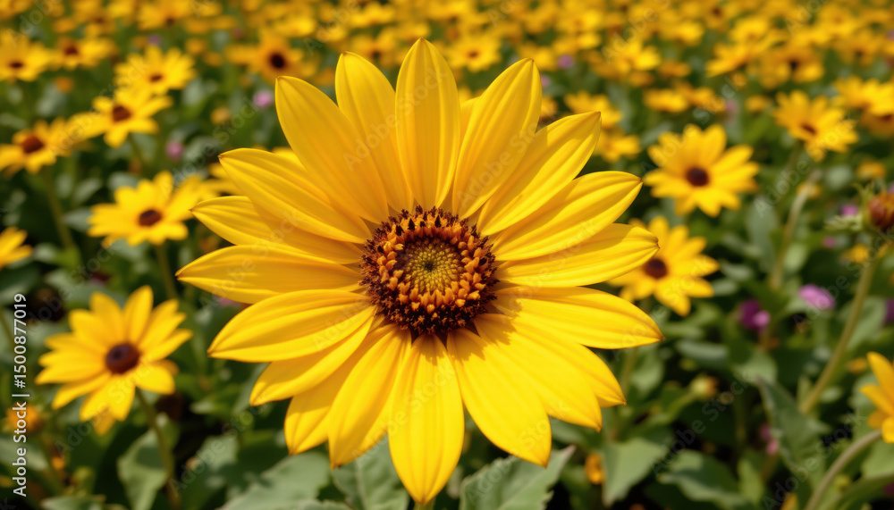 Vibrant sunflower stands out in lush field filled with blooming flowers, showcasing its bright yellow petals and intricate center. scene evokes feelings of joy and warmth Vibrant sunflower stands out in lush field filled with blooming flowers, showcasing its bright yellow petals and intricate center. scene evokes feelings of joy and warmth