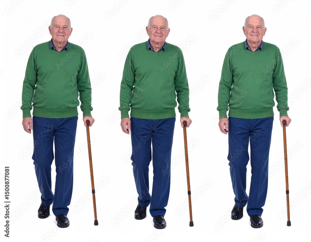 Elderly Man Walking with Cane: A Triptych of Serene Movement Elderly Man Walking with Cane: A Triptych of Serene Movement